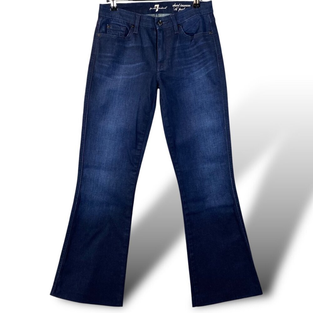 7 For All Mankind Jeans W Sz 28 Dark Indigo A Pocket Short Inseam Flare Hemmed